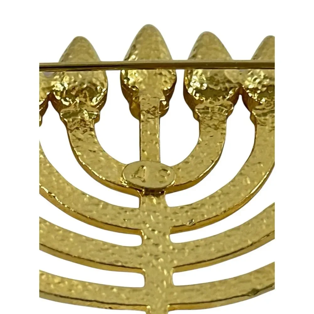 Vintage Gold Tone Menorah Hanukkah Brooch Amber Blue Rhinestone Judaica Pin